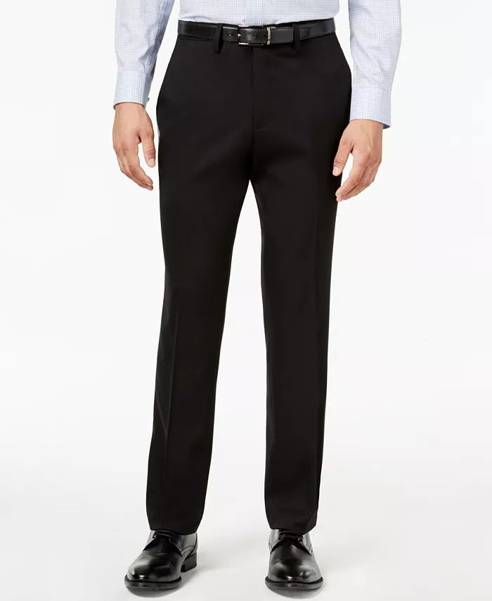 Men's black stretch slim-fit dress pants, front view with belt loops and crease lines