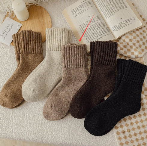 Children's thick wool tube socks, ribbed cuffs, assorted beige, brown, and black