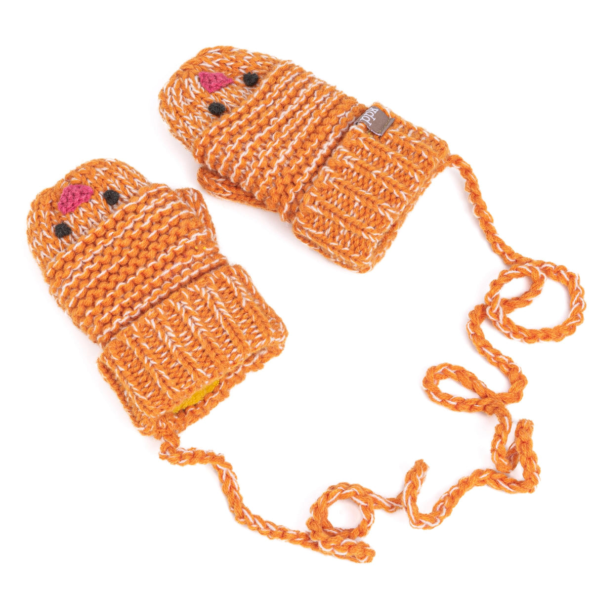 Rusty orange chick mittens set with cord lanyard and small stitched brand tag patch