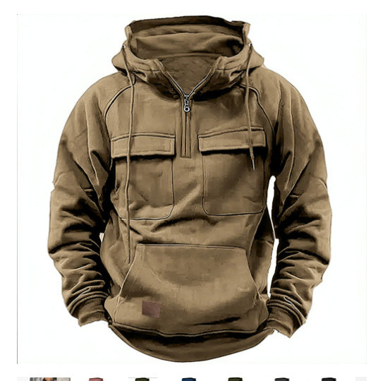 Men’s tan zip-up hoodie with drawstring hood, kangaroo pocket and chest flap pockets