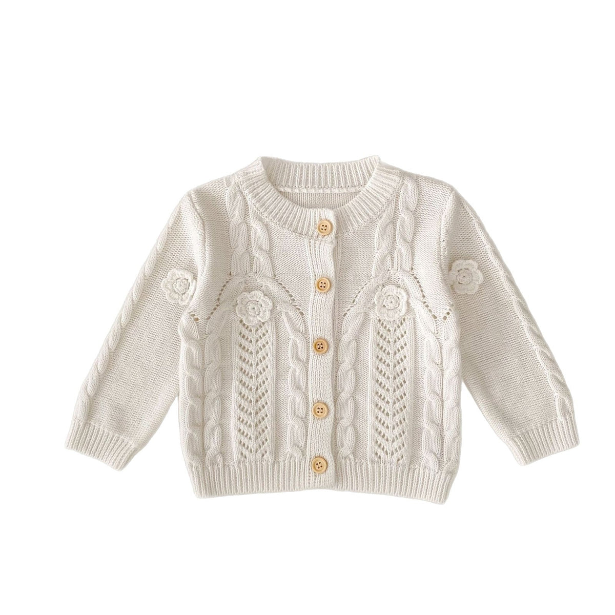 Cream long-sleeve knit baby cardigan with flower cable stitching and button front