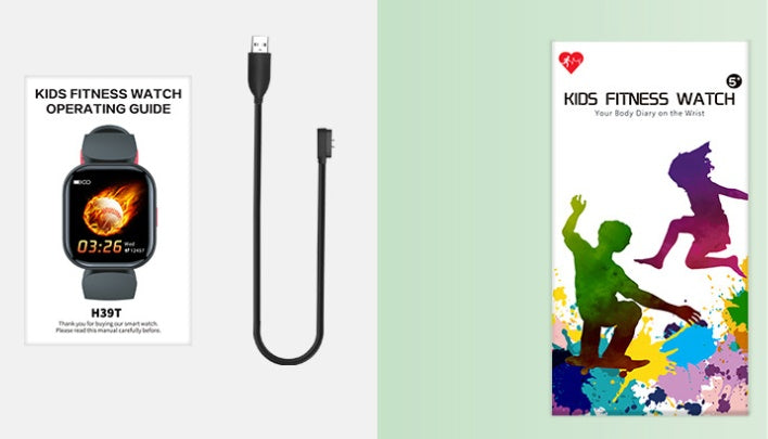 Kids' fitness watch set with smartwatch, charging cable, and operating guide