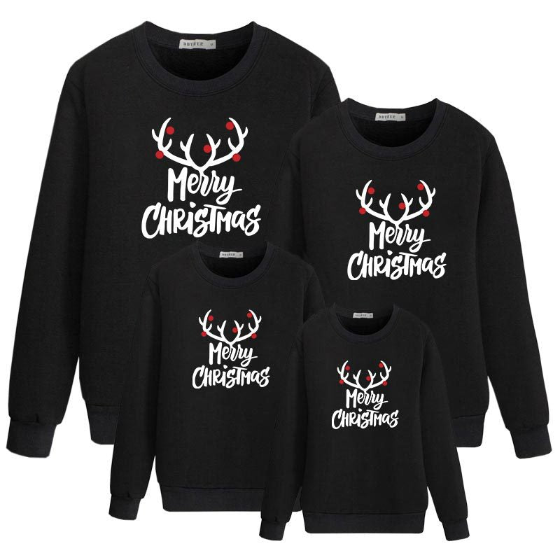Black Christmas crewneck sweaters with reindeer and 'Merry Christmas' text, four sizes shown.