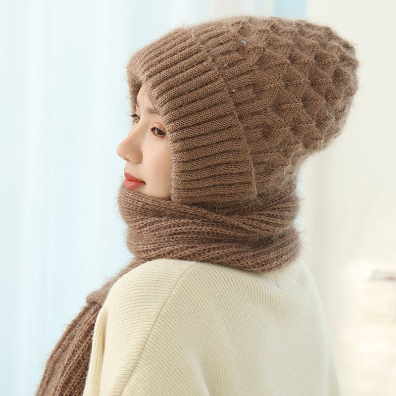 Women’s knit winter hat and scarf set with hood, warm brown