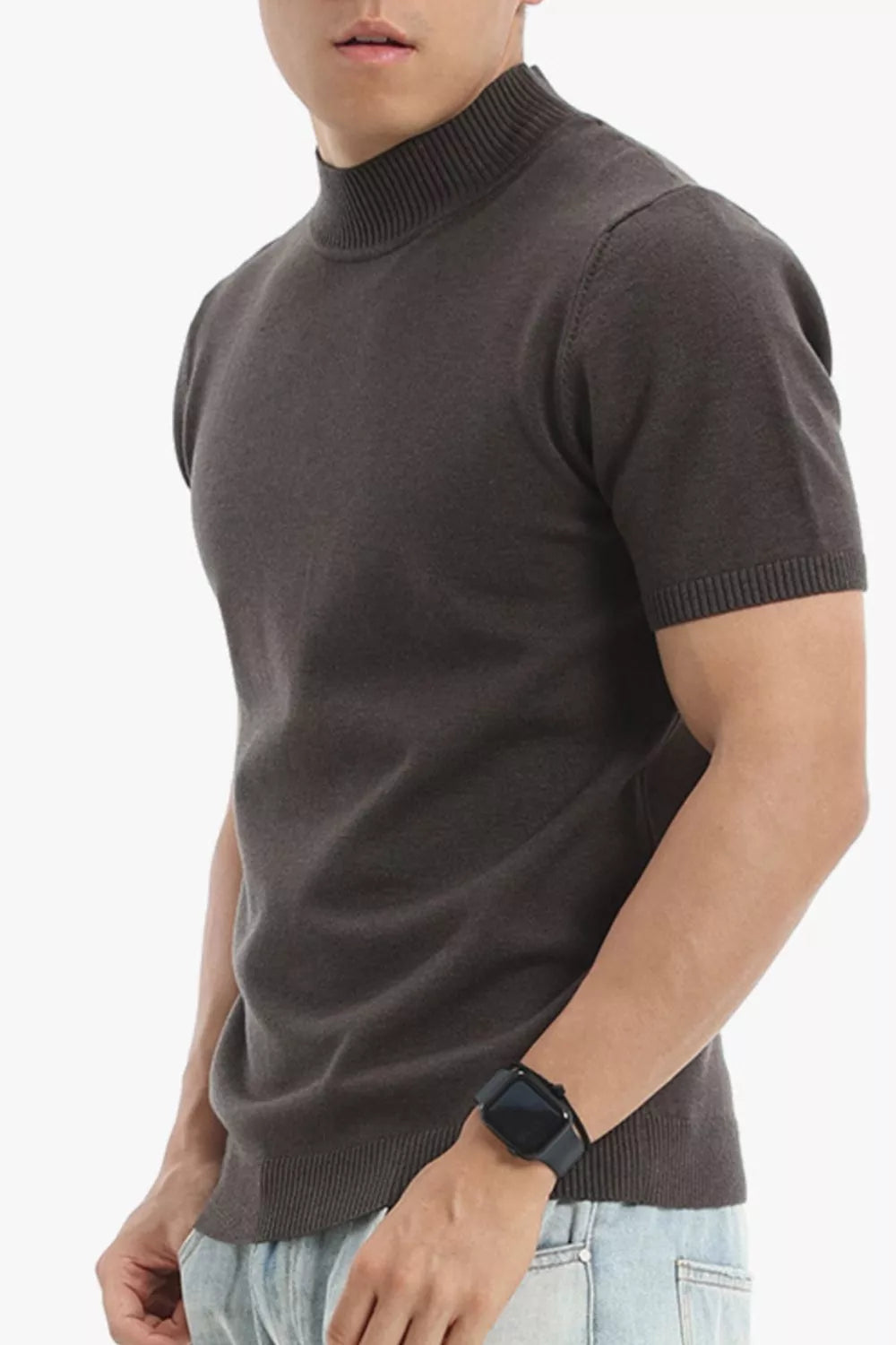 Men's slim-fit short-sleeve sweater with ribbed turtleneck, dark charcoal knit