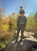 Fleece mid layer set in dark green fair isle pattern, long-sleeve top and pants