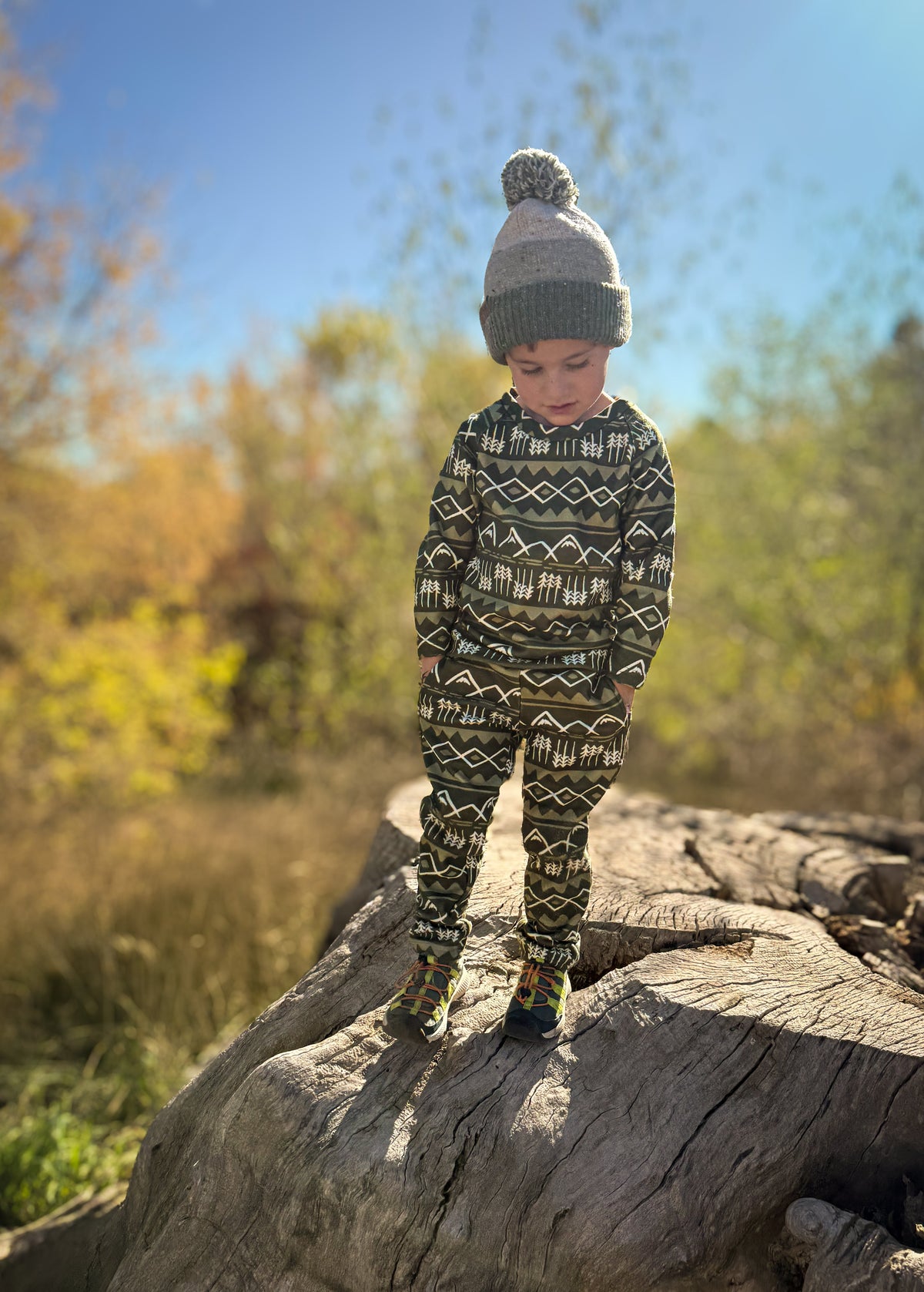 Fleece mid layer set in dark green fair isle pattern, long-sleeve top and pants