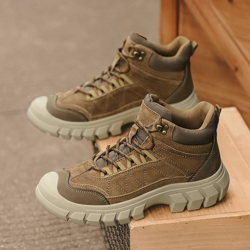 Khaki lace-up high-top hiking boots with padded collar and chunky white lug sole