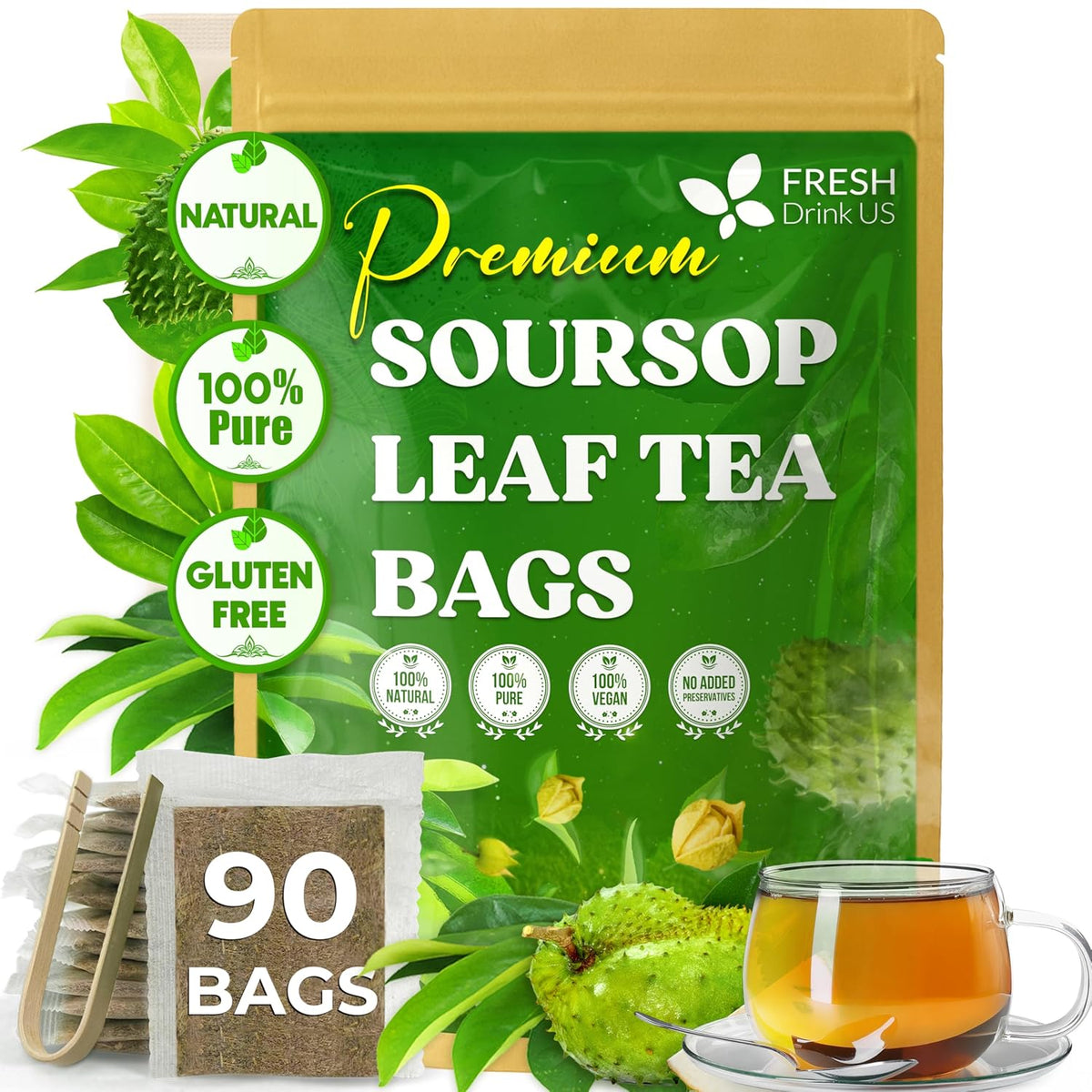 Premium soursop leaf tea bags pouch, 90 bags; gluten-free