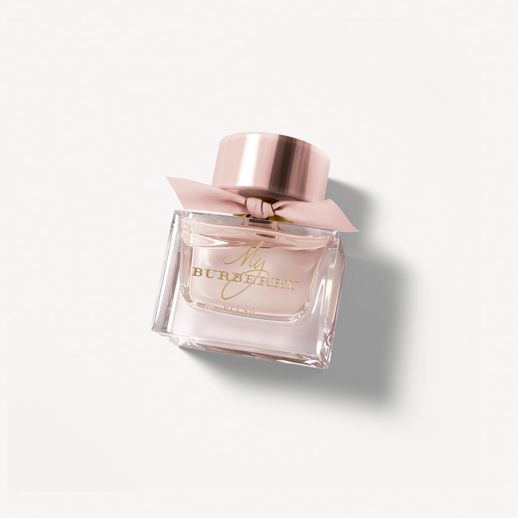 My Burberry Blush eau de parfum bottle, angled view, pink glass with metallic cap