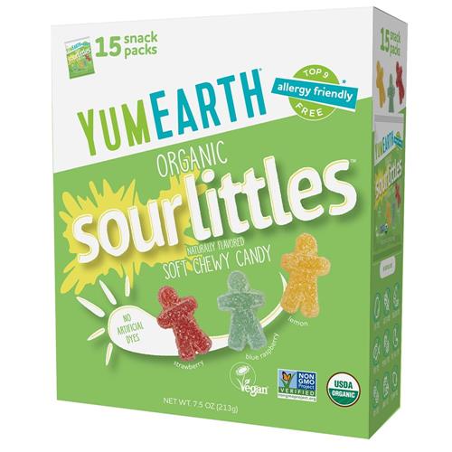 Yumearth Organic Sour Littles candy box with 15 snack packs, 7.5 oz