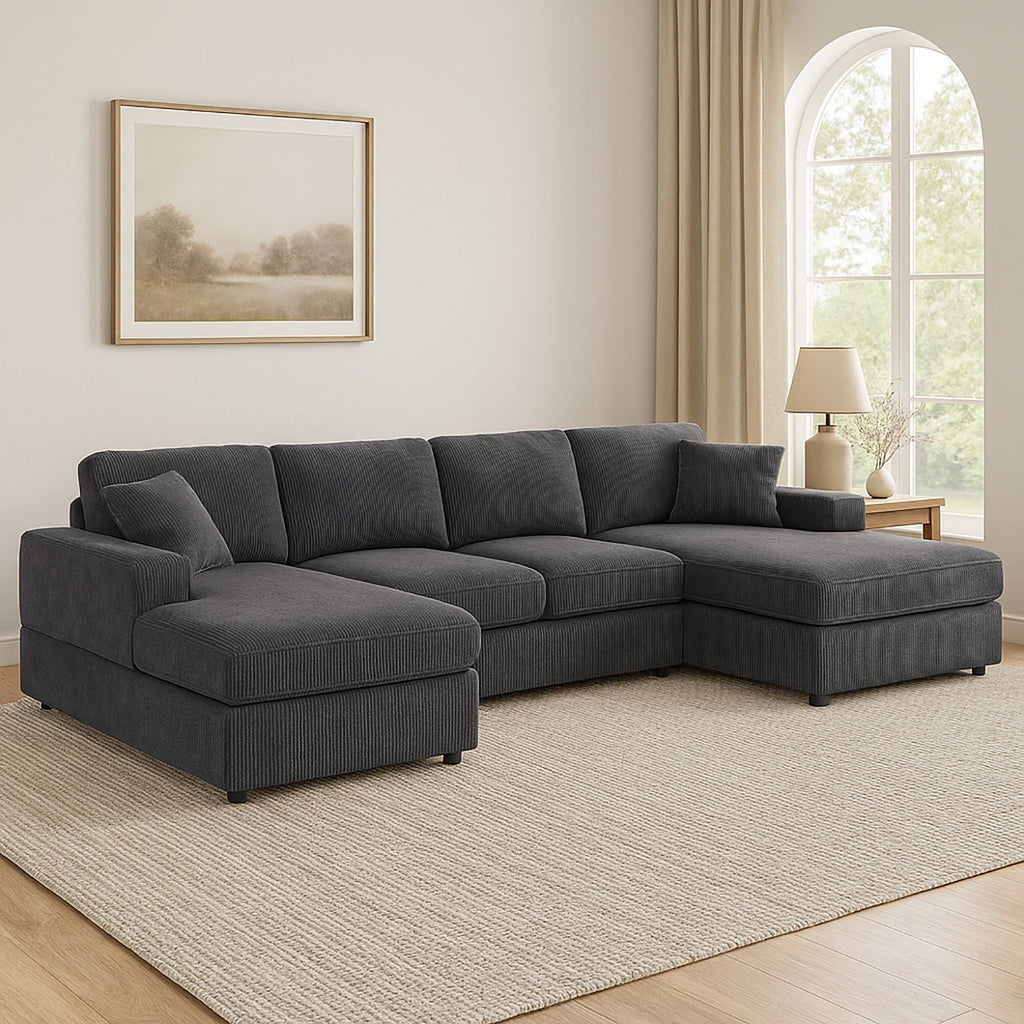 Dark gray corduroy 3-piece sectional with double chaise and multiple back cushions