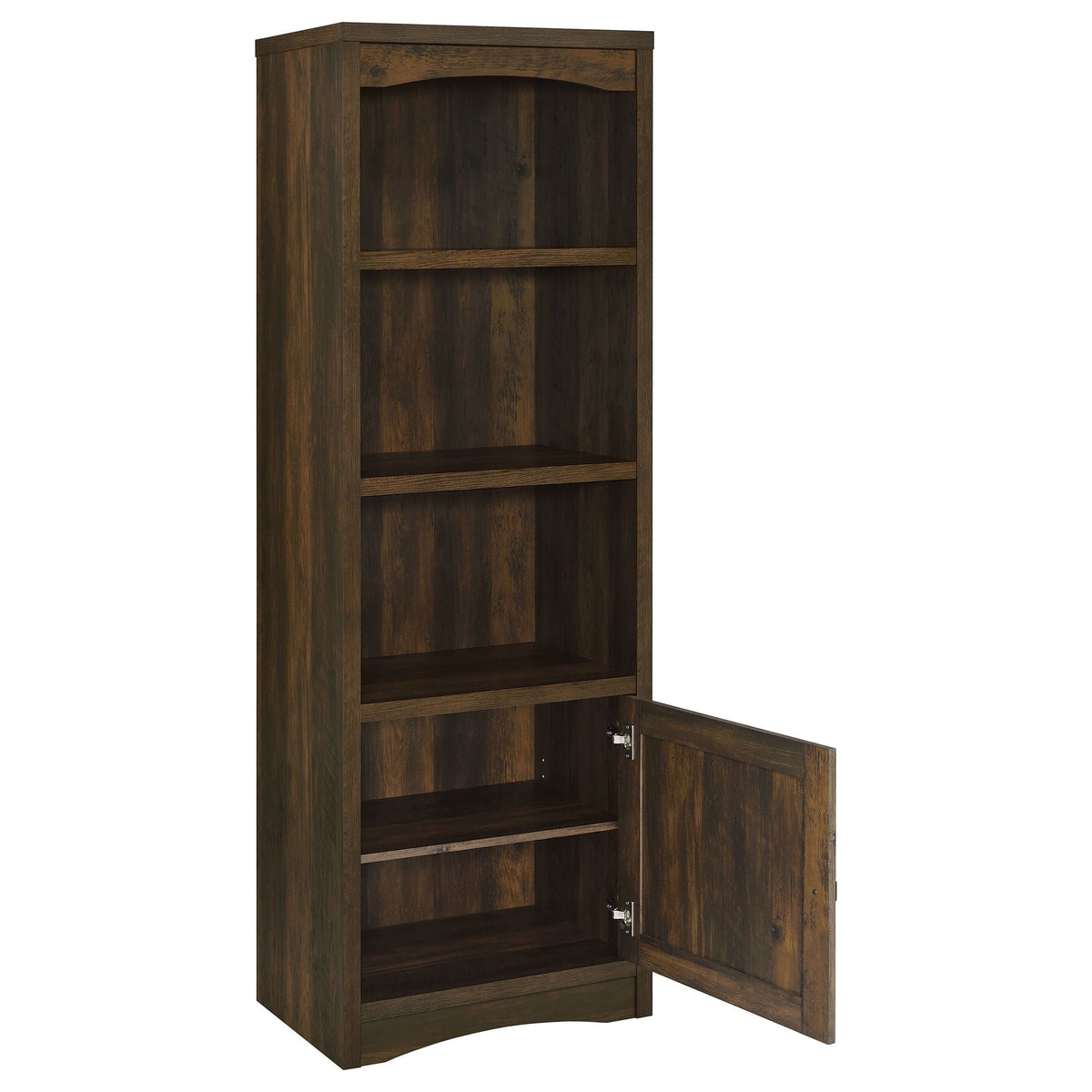 Dark pine media tower with open cabinet door and interior shelves in arched frame