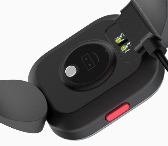 Black kids' smartwatch showing side button and charging contact area