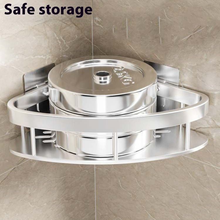 Silver corner shower rack with lidded canister on the top shelf