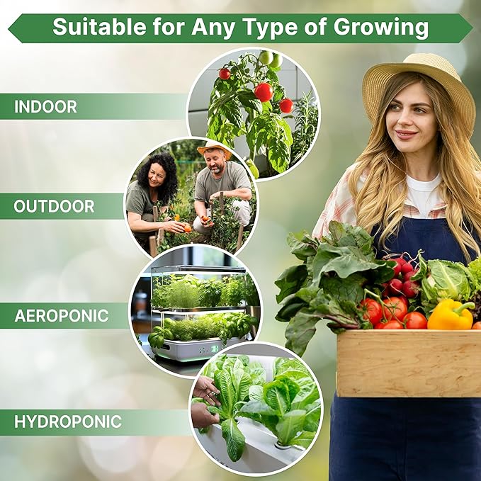 Vegetable growing suitability chart with potted plants and indoor, outdoor, aeroponic icons