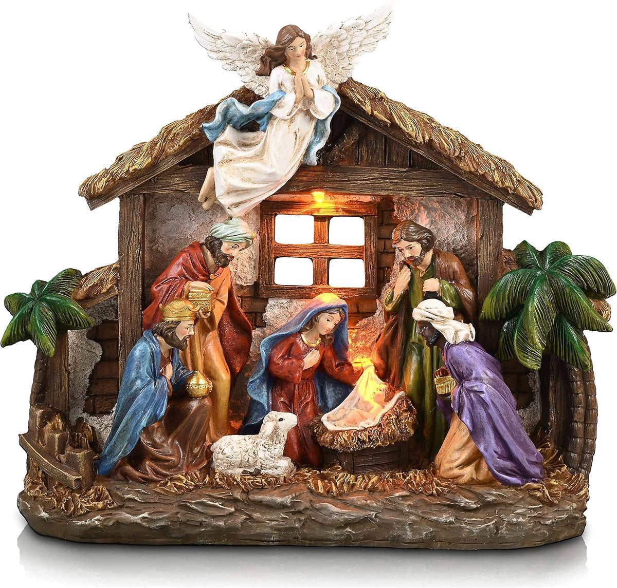 LED-lit resin nativity scene figurines with angel, wise men, Mary, Joseph, and baby Jesus