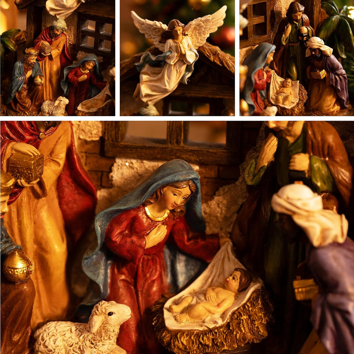 Resin nativity figurines close-up with angel topper, window LED glow, and manger scene