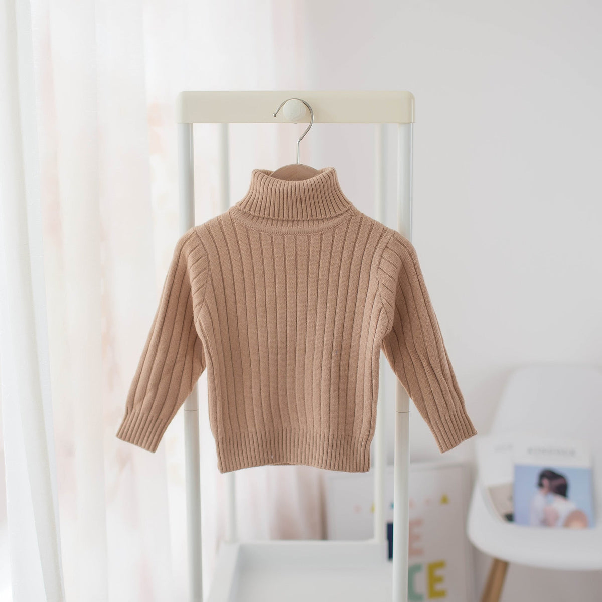 Kids ribbed turtleneck knit shirt, khaki beige, long sleeves