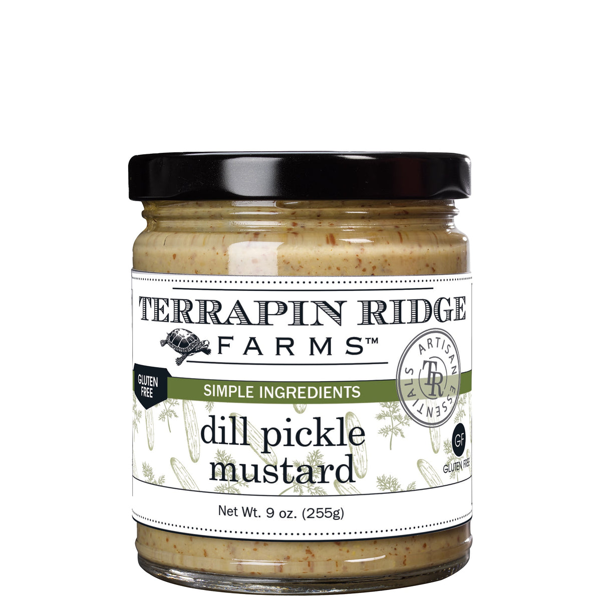 Jar of dill pickle mustard with black lid and Terrapin Ridge Farms label