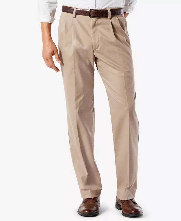 Men's tan/beige stretch classic-fit pants with zip-and-button front and belt loops