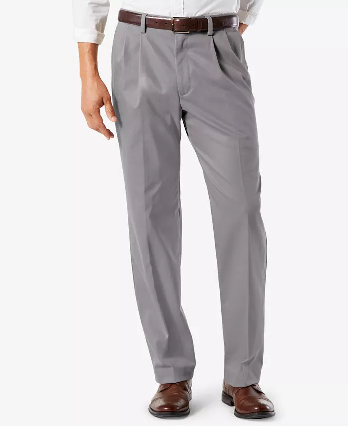 Men's light grey stretch classic-fit pants with zip-and-button front and belt loops