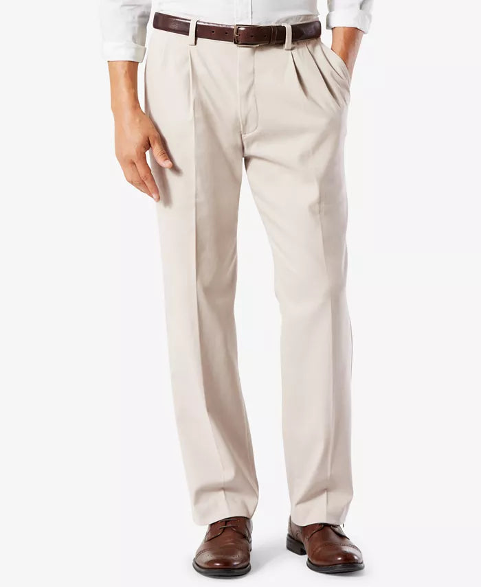 Men's light tan stretch classic-fit pants with belt loops