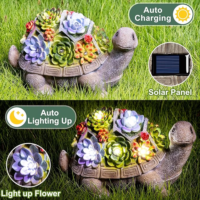 Garden turtle solar statue in grass with bright flower lights and small solar panel