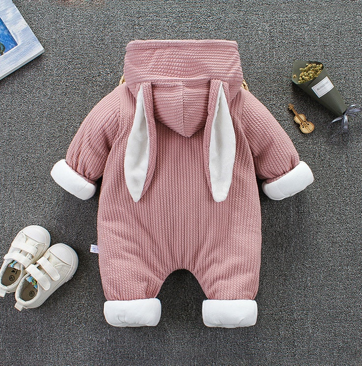 Pink baby snowsuit romper back view with hood up and bunny-ear ties