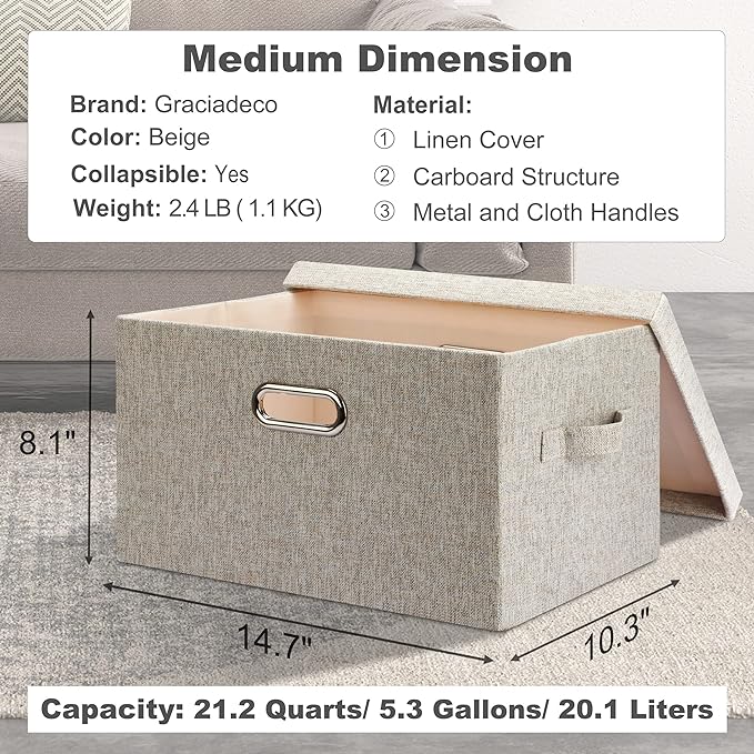 Beige foldable storage bin with lid and front carry handle, angled view