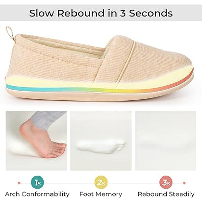Tan slip-on loafers with cushioned insole and multicolor edge outsole