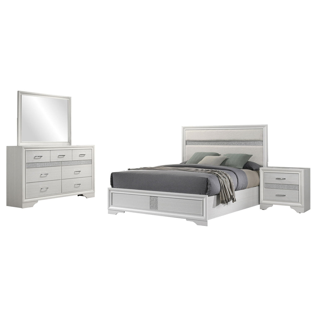 White queen bed set with headboard, footboard, mirror dresser, and two nightstands