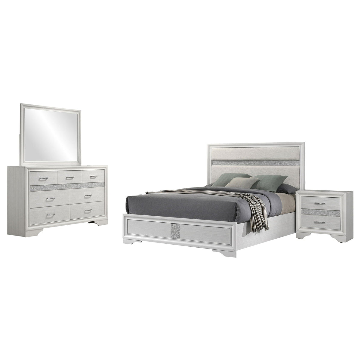 White queen bed set with headboard, footboard, mirror dresser, and two nightstands