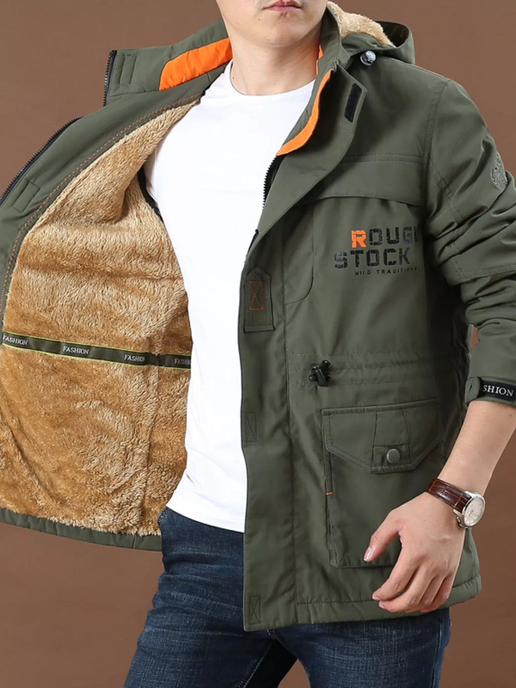 Men's olive-green hooded fleece-lined jacket with zip front and multiple pockets
