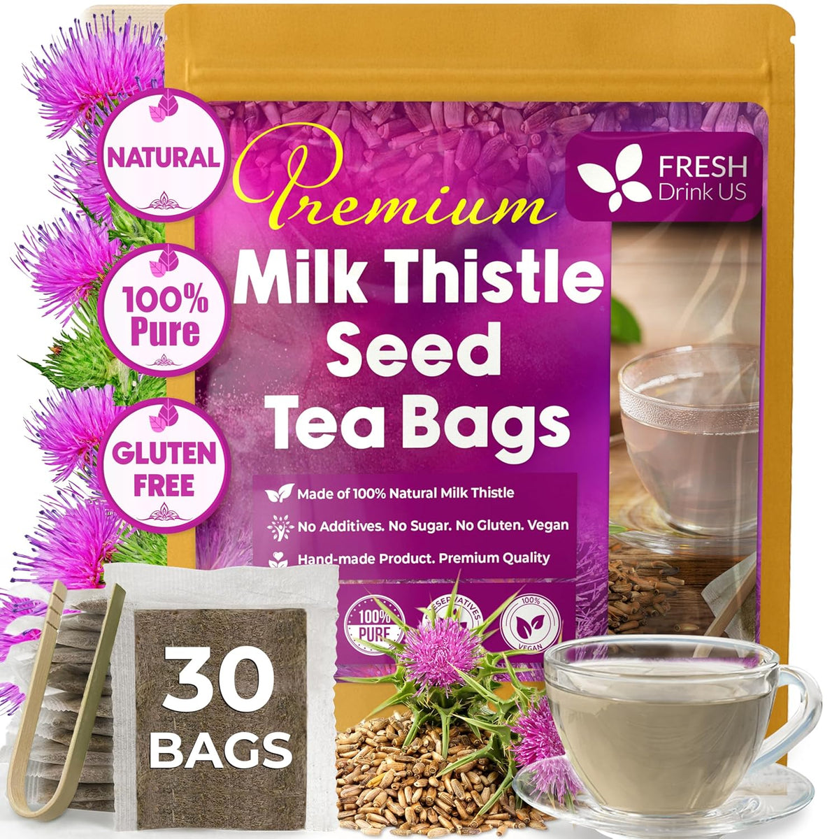 Milk thistle seed tea bags, 30-count natural herbal tea in foil pouch and cup