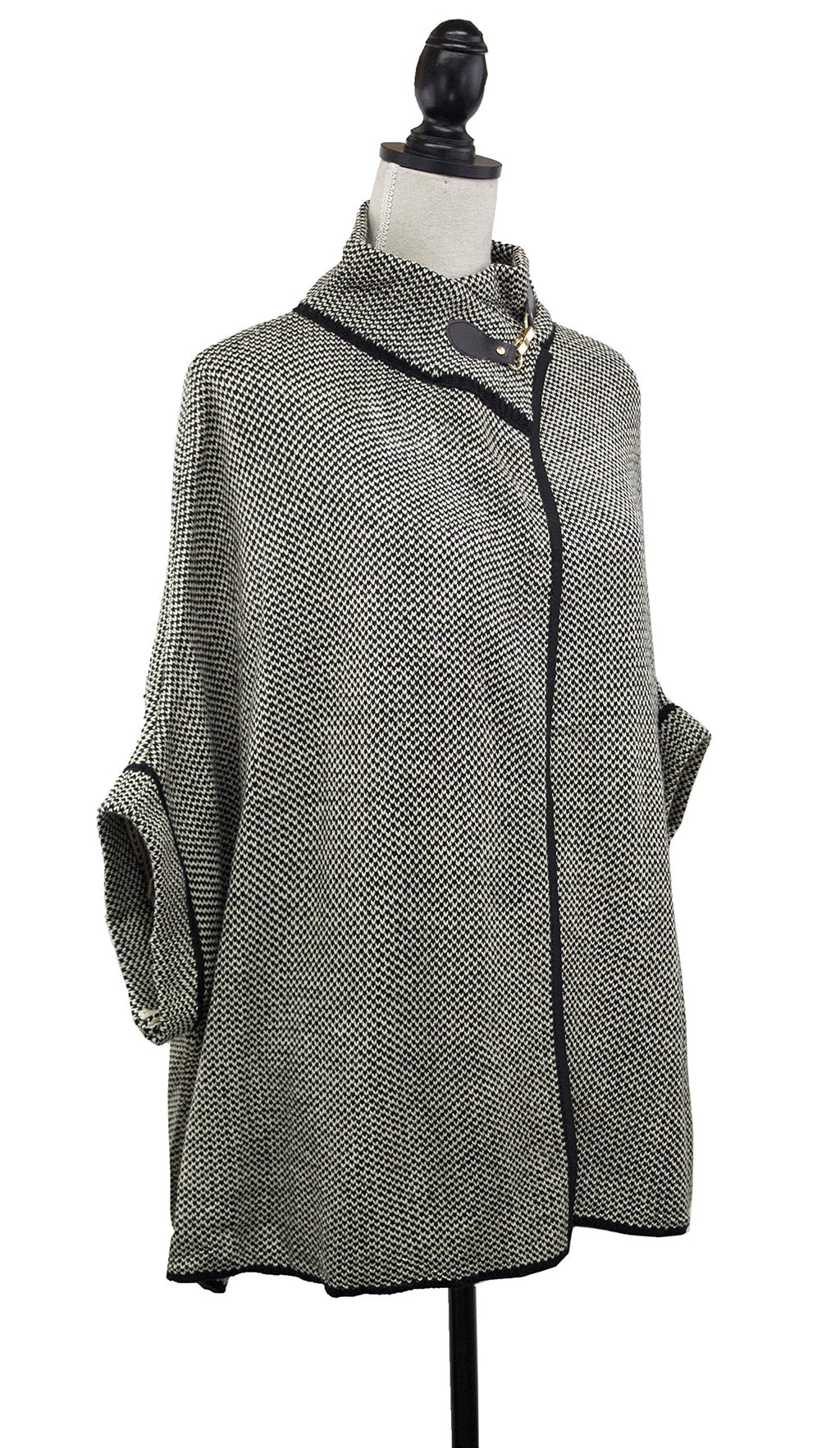 Grey textured knit poncho cardigan with black zipper-front and neck buckle