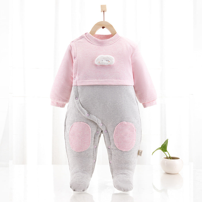 Pink and gray baby onesie with cloud applique, snap button legs, pink elbow patches