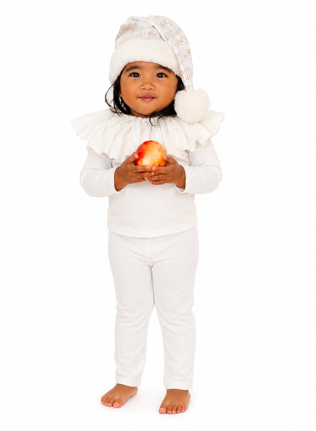 White elf costume set for kids: hooded hat with pom, ruffled top, matching pants