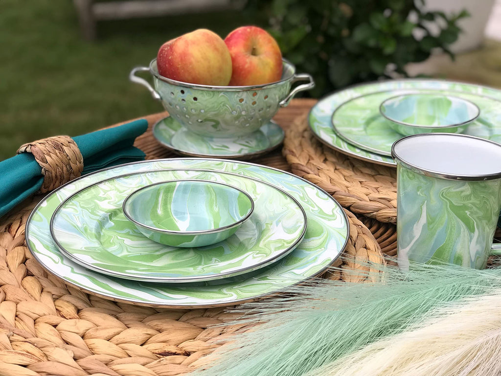 Enamel mixing bowls set of 3 with green and white marbled swirl pattern