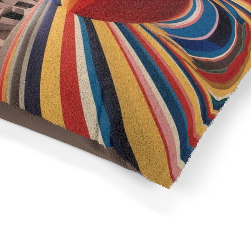 Close-up of geometric-striped plush pet bed corner with fringed trim