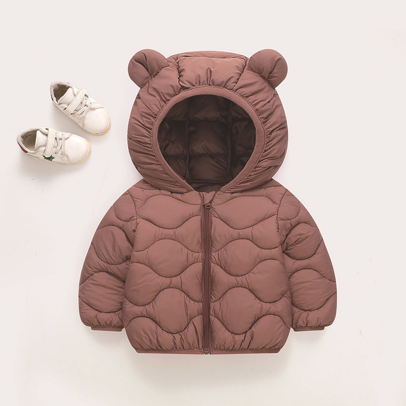 Brown baby hooded padded jacket with bear-ear hood and front zipper