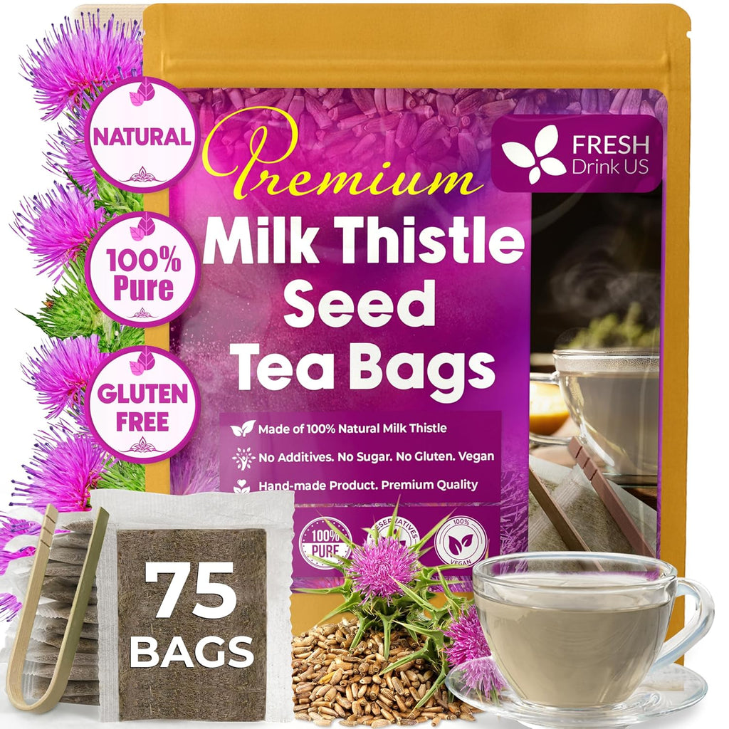 Milk thistle seed tea bags, 75-count natural herbal tea in foil pouch and cup