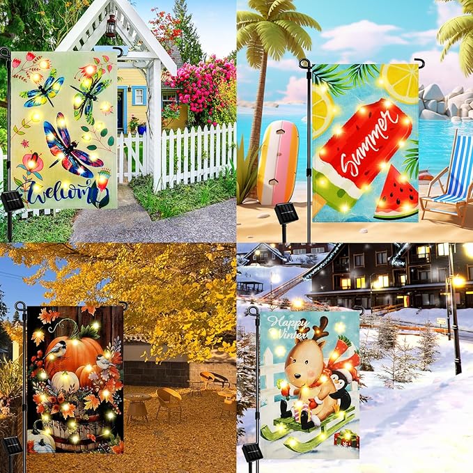 Lighted outdoor yard flag panels with butterfly and beach-themed graphics