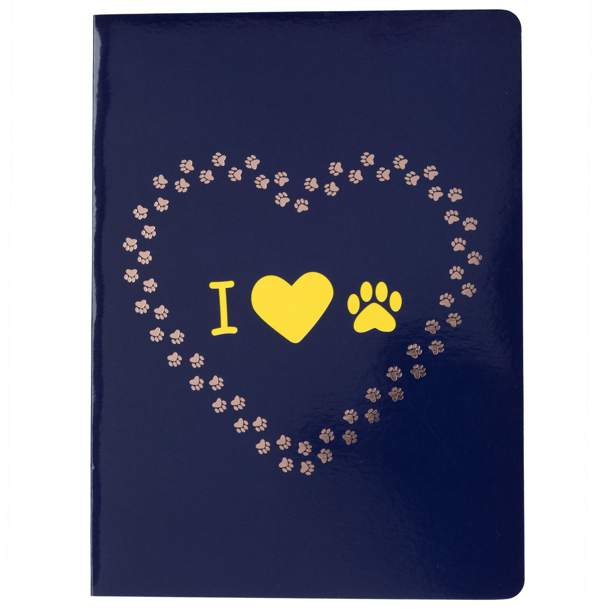 Navy notebook journal front with paw-heart design and "I heart" text