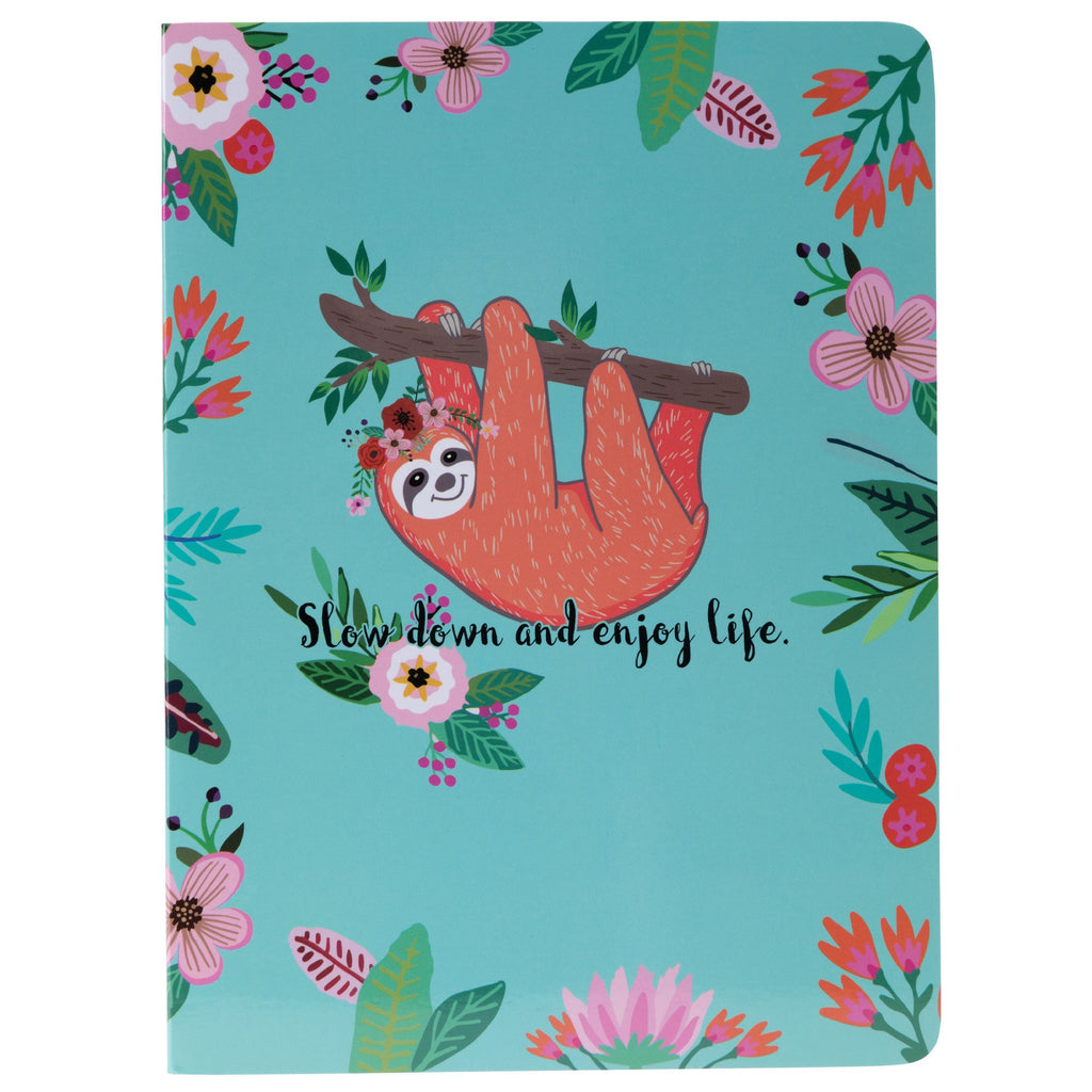 Teal notebook journal with sloth illustration and "Slow down and enjoy life" text