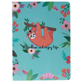 Teal notebook journal with sloth illustration and "Slow down and enjoy life" text