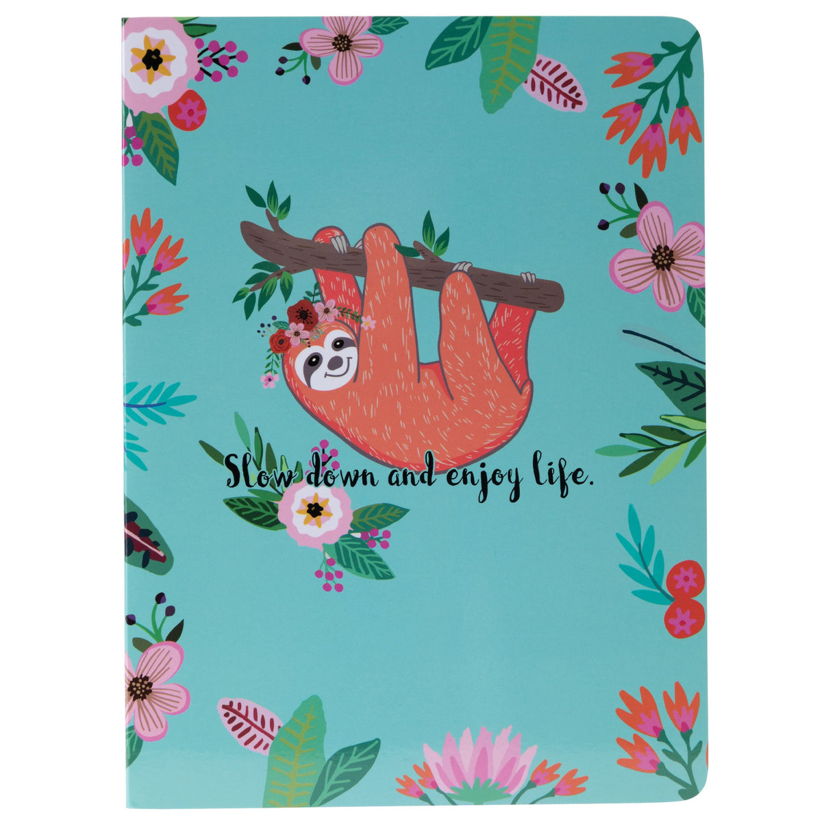 Teal notebook journal with sloth illustration and "Slow down and enjoy life" text