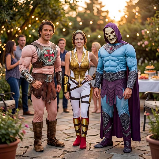 Men's He-Man costume worn outdoors: brown tunic with silver chest armor and tall boot covers