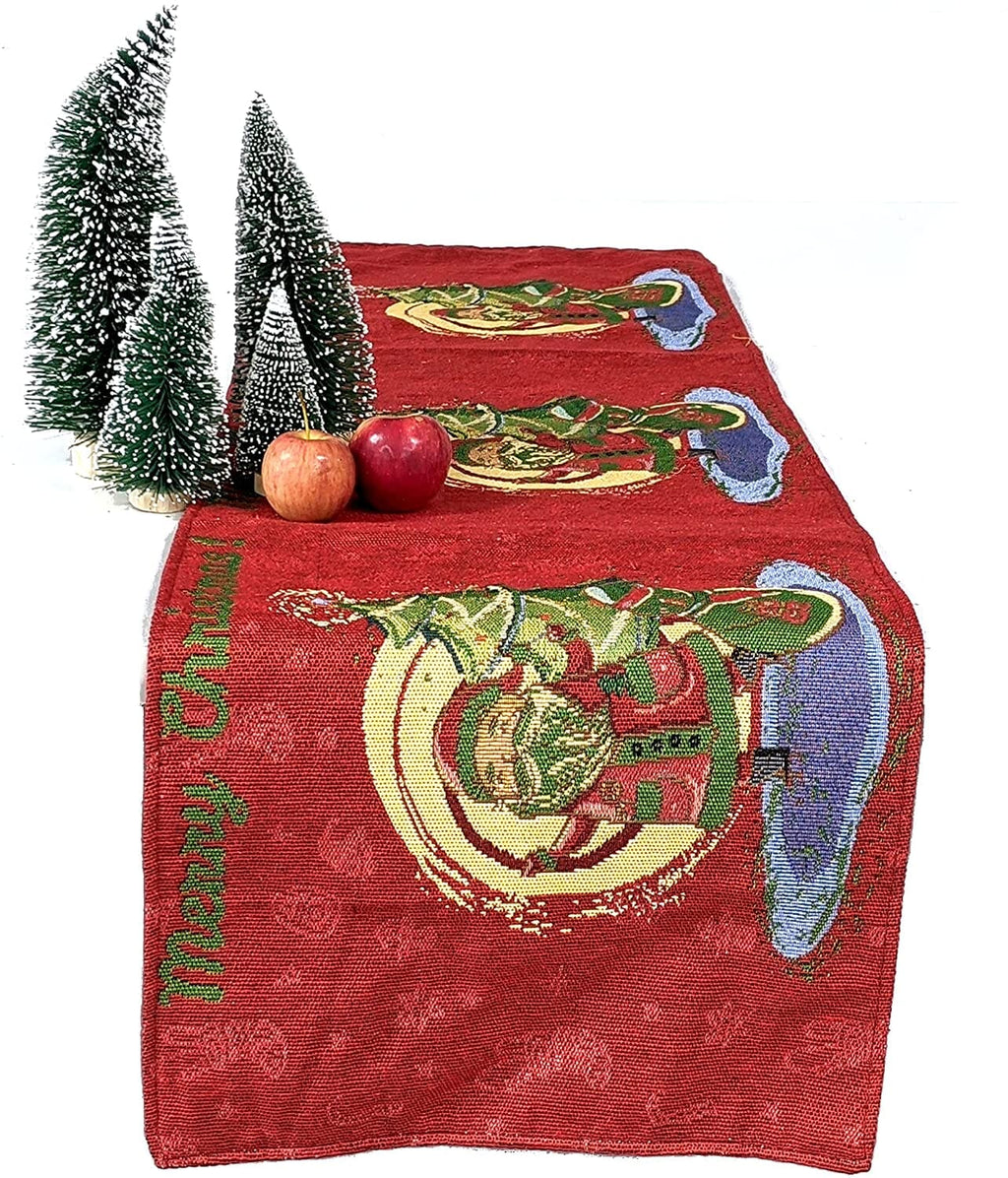 Red woven tapestry table runner with Santa motif and Christmas tree figures