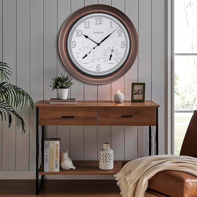 Bronze atomic analog wall clock with white face and temperature and humidity dials